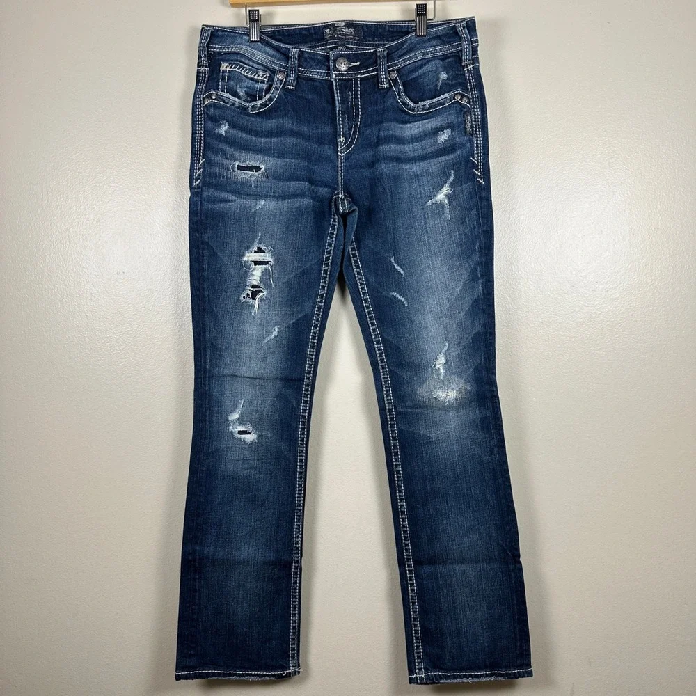 Silver Jeans Co Women's 32 Aiko Baby Boot Blue Distressed Thick Stitch Denim